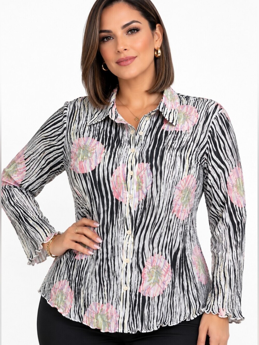 Cato Black & White Zebra-Print Button-Down with Pink Floral Accents